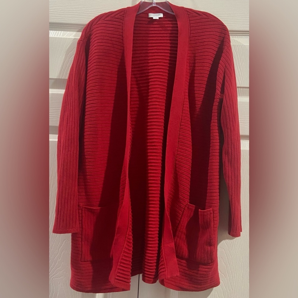 J. Jill Longline Open Red Cardigan Size M Ribbed Pockets Cotton Blend
